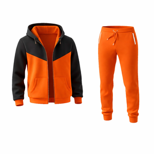 Ensemble de survêtement contrasté noir et orange pour homme, sweat à capuche zippé et pantalon de jogging, vêtements de sport décontractés, entraînement en salle de sport, course à pied, ensemble deux pièces - Product Image 3
