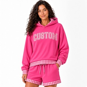 ชุดเซ็ตฮู้ดดี้และกางเกงขาสั้นแฟชั่นสำหรับผู้หญิง ฤดูหนาว เสื้อสเวตเชิ้ตแบบสั่งทำพิเศษ ซับในฮู้ดตัดกัน กางเกงขาสั้นเข้าชุด ผ้าฟลีซคอตตอน 100% - Product Image 4
