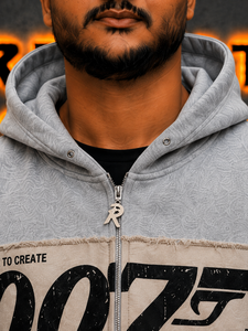 Sweat-shirt à capuche gris pour homme avec imprimé 007 et patchs, style streetwear, coupe classique, vêtement d'automne - Product Image 4