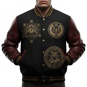 Chaqueta Universitaria Unisex Negra y Granate con Símbolos Místicos Bordados en Dorado, Cuello Alto |   Ropa de calle informal a prueba de viento - Product Image 1