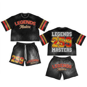 ชุดเสื้อยืดและกางเกงขาสั้นผ้าคอตตอนโพลีเอสเตอร์พรีเมียม 220 GSM สีดำ แดง ทอง พิมพ์ลายแบบซับลิเมชั่น โลโก้สั่งทำ ชุด 2 ชิ้น - Product Image 1