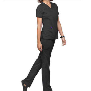 Jogger <b>Scrub</b> Set Women Black V Neck Stretch Top 4-Way Spandex Woven Breathable Pocket Pants Nurse Dental Vet Hospital Uniform - Product Image 1