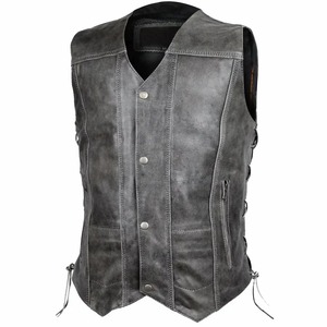 <b>Men</b> Distressed <b>Grey</b> Cowhide Genuine Leather Vest Biker <b>Waistcoat</b> - Product Image 3