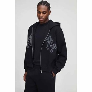 Men's <b>Black</b> Rhinestone Cross Embellished Full-<b>Zip</b> <b>Hoodie</b> and Matching Pants Tracksuit OEM ODM Wholesale Apparel - Product Image 3
