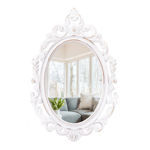 Miroir mural ovale orné vintage avec cadre en bois blanc, miroir décoratif de style antique pour salon, couloir, salle de bain - Product Image 2
