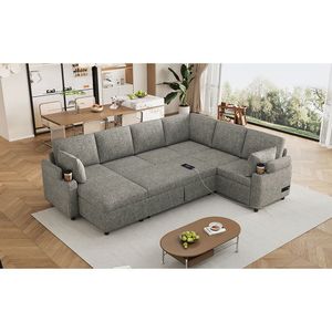 109.9\" Versatile U-Shaped Sectional <b>Sofa</b> <b>Bed</b> with Ample Storage Two Cup Holders & Charging Port - Product Image 2