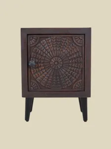 Table de chevet vintage en bois massif, forme cube, sculptée à motifs floraux, avec un tiroir, support en métal, style rustique, pour chambre à coucher, salon, meubles de ferme - Product Image 1