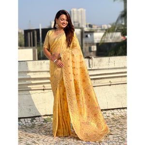 Sari de Seda Kora Premium Leheriya Meenakari Zari Tejido con Pallu de Estampado Floral Elegante y Blusa de Brocado - Product Image 4