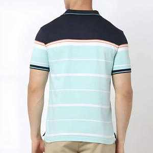 Polo en tricot à manches courtes pour homme, design rayé décontracté, coupe classique, bleu clair, col marine avec bordure menthe - Product Image 3