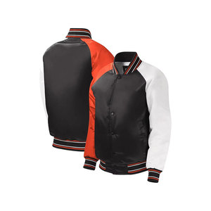 Custom <b>Men</b> <b>Varsity</b> <b>Jacket</b> Plain Satin <b>Bomber</b> <b>Jacket</b> Black Body Red Sleeve Color Block Letterman <b>Jacket</b> - Product Image 5