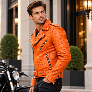 Men’s Ostrich Leather <b>Biker</b> <b>Jacket</b> Orange Embossed Motorcycle <b>Jacket</b> Asymmetrical Zip Belted Moto <b>Jacket</b>/Luxury Outerwear - Product Image 5