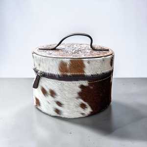 Bohemian Genuine Leather Jewelry Case with Zipper Closure Cowhide Pattern Round Storage <b>Box</b> for Travel and Daily Use - Product Image 2