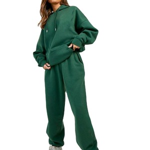 Ensemble de survêtement vert uni à capuche pour femme, coupe ample, manches longues, sweat-shirt et pantalon décontractés avec poches latérales, idéal pour l'automne, OEM ODM - Product Image 1