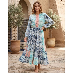 Free Size Korean Geometric Y2K Natural Bohemian Indian Woven Silk A-Line Maxi <b>Dress</b> Daily Sweet <b>Summer</b> <b>Boho</b> O-Neck Long Sleeve - Product Image 1