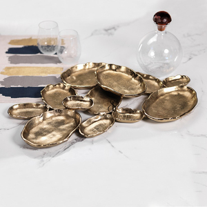 Luxury Gold Finish Metal Serving Tray Platter Set With Organic Shape, Ideal For Appetizers, Desserts, <b>Snacks</b> & Table Decoration - Product Image 1