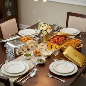 ถาดอุ่นอาหารทรงสี่เหลี่ยมแบบสองชั้นเคลือบทองหรูหรา พร้อมลายพระจันทร์เสี้ยวและฝาแก้ว สำหรับงานบุฟเฟ่ต์ในเดือนรอมฎอน - Product Image 1