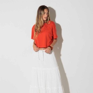 <b>Women</b> Crop Top Solid Color <b>Short</b> <b>Sleeve</b> O-Neck Loose Fit Casual T-<b>Shirt</b> Spring Summer Knitted Cotton Breathable <b>White</b> Long Skirt - Product Image 1