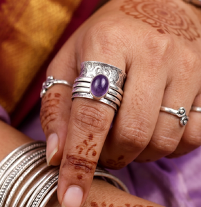 Vintage Boho Sterling <b>Silver</b> Amethyst Spinner <b>Ring</b> for Women – Handmade <b>Adjustable</b> Meditation Band Ethnic Engraved Jewelry - Product Image 1