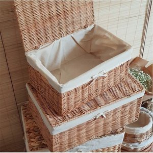 Cesta de Almacenamiento con Tapa y Forro de Tela Blanca, Cesta Organizadora de Mimbre Tejida a Mano con Forro de Algodón Extraíble, Estilo Rústico - Product Image 4