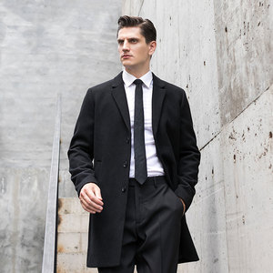 <b>Men's</b> Woolen <b>Long</b> <b>Coat</b> Formal Winter Jacket Single Breasted Turn-down Collar Solid <b>Black</b> Thick Outerwear Satin Lining - Product Image 5