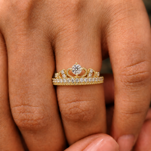 Women's Crown Shape Round cut Lab Grown Diamond Engagement <b>Ring</b> 14K Yellow Gold Milgrain Vintage Style Wedding <b>Rings</b> Jewelry - Product Image 2
