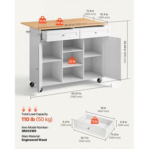 Carrito de Cocina con Almacenamiento, 45.67 Pulgadas de Ancho, Carrito Rodante Móvil con Ruedas Giratorias, 2 Cajones, Gabinete de Madera y Metal - Product Image 3