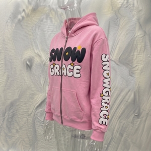 Snow Grace <b>Pink</b> Zip-Up Hoodie Fleece Casual Unisex Regular Fit Autumn Hooded <b>Sweatshirt</b> With Star Print Design - Product Image 2