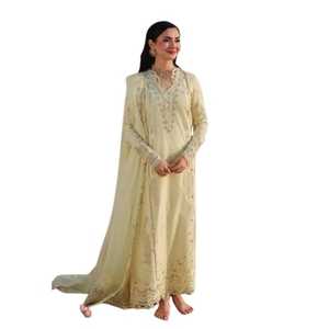 Women Floor-Length Cream <b>Silk</b> <b>Kurta</b> Loose Fit Traditional Ethnic Wear India Pakistan Wedding Style - Product Image 1