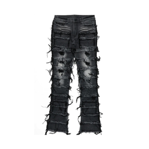Pantalon évasé streetwear tendance, jean évasé déchiré et vieilli, jean skinny personnalisé pour homme, jean en denim patché, jean empilé pour homme - Product Image 2