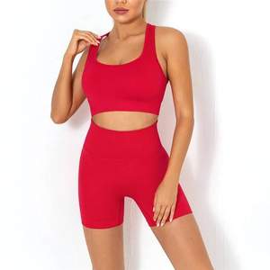Nouveaux ensembles de vêtements de sport sans couture personnalisés pour femmes, shorts de yoga et leggings froncés, 2 pièces, ensembles de sport à séchage rapide à col en V - Product Image 2