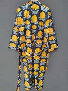 Bata Kimono de Algodón Floral Negra para Mujer, Larga, de Manga Larga, Informal, para Dormir, con Cuello Mandarín, Tejido Estampado - Product Image 5