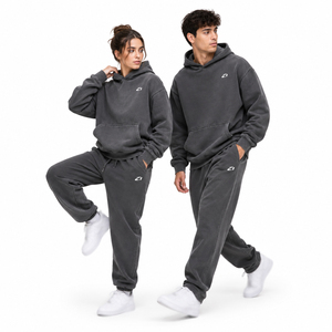 Survêtement unisexe vintage gris foncé délavé à capuche en polaire, coupe oversize, décontracté, deux pièces, sweats à capuche et joggers, logo personnalisé, automne-hiver - Product Image 1