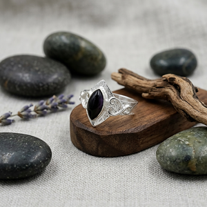Silver Plated Amethyst Gemstone <b>Ring</b> 5x10mm Marquise Purple Stone Brass Dolphin Inspired <b>Statement</b> <b>Ring</b> Wholesale Jewelry - Product Image 1