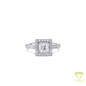 Bague de fiançailles en moissanite taille princesse avec halo de diamants en or jaune 14 carats, bande pavée, pour mariage, promesse ou anniversaire - Product Image 4
