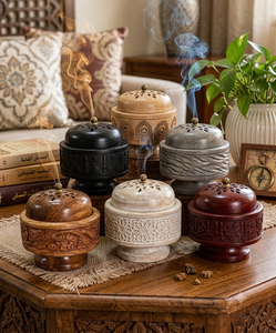 Cuenco de Incienso de Madera Marrón Hecho a Mano, Porta Incienso Tallado con Diseño Floral y Inserto Metálico, Difusor de Aromaterapia para Decoración del Hogar, Personalizable - Product Image 2