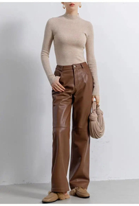 High End Genuine Leather Pants for Women 100% Sheepskin Straight Style Leg Casual Long Trousers Jeans Style Fit Pantalon Fashion - Product Image 3