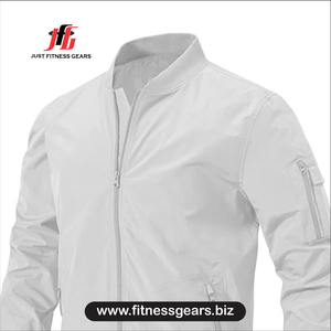 <b>Men's</b> <b>White</b> Bomber <b>Jacket</b> Zipper Closure Windproof Casual Autumn Wear Regular Fit Stand Collar Polyester - Product Image 2