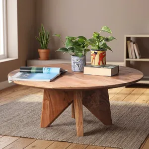Mesa de Centro Redonda de Madera de Acacia Sólida, Muebles Rústicos Hechos a Mano para Sala de Estar, Entrada, Decoración de Casa de Campo - Product Image 6
