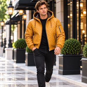 Men’s Embossed Ostrich Leather Hooded Bomber <b>Jacket</b> | Premium Exotic Leather <b>Zip</b>-<b>Up</b> <b>Jacket</b> for Men | Motorcycle Outerwear - Product Image 2