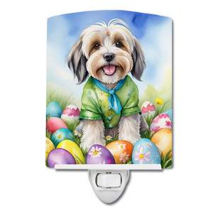 Certifié UL 6x4x3 Multicolor Tibetan Terrier Chasse aux oeufs de Pâques Veilleuse en céramique compacte pour chambre à coucher pour décorations de fête - Product Image 1