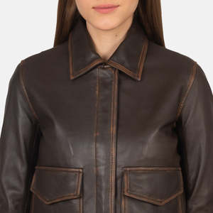 Chaqueta Bomber de Cuero Genuino para Mujer con Bolsillos Grandes, Cuello Camisero, Cierre de Cremallera, Color Sólido, Chaqueta para Otoño - Product Image 5