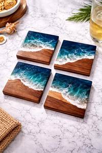 Unique Design <b>Round</b> Wooden <b>Coasters</b> With Blue Resin Animal Designs Reusable Mats Set Nordic Style Table Decor <b>Coaster</b> Set - Product Image 6