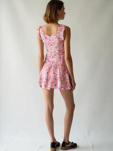 Vestido Mini de Algodón Tejido Ecológico con Estampado Floral, Corte Ajustado y Evase, para Mujer, Uso Diario, Cintura Elástica, Casual - Product Image 2