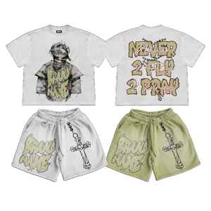 Fabrication sur mesure, vente en gros, t-shirts imprimés à la mode, t-shirts à manches courtes en coton, ensemble de shorts tendance pour l'été - Product Image 1