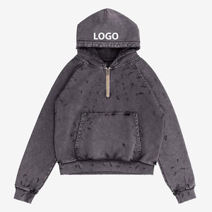 Sweat à capuche homme coupe classique effet vieilli 100% coton molletonné imperméable couleur unie avec logo frontal et poche style hiver 300g - Product Image 2