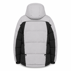 Hot Sale Stand Woven Hooded Puffer <b>Jacket</b> Casual Winter Streetwear Contrast Panels Custom Logo Embroidery Service Full Front - Product Image 3