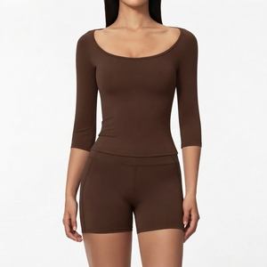 Custom Women’s Fitness Set Long Sleeve Fitted Shirt with Matching <b>Stretch</b> <b>Shorts</b> Two Piece Workout Activewear - Product Image 4