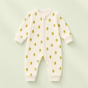 Romper de Manga Larga Unisex para Bebé, 100% Bambú Interlock, 200 g/m² |   Protector de barbilla con cremallera bidireccional, puños elásticos, estampado de limones, ligero - Product Image 1