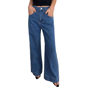 Jeans de Mezclilla de Alta Calidad para Mujer, Pierna Ancha, Azul Índigo, Cintura Alta, Corte Regular, Estilo Urbano, con Agujeros - Product Image 1