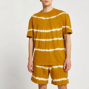 Men's Tie Dye Striped Crew Neck T-Shirt And Shorts <b>Set</b> <b>Knitted</b> Casual Summer Outfit Mustard Yellow White Pattern - Product Image 5